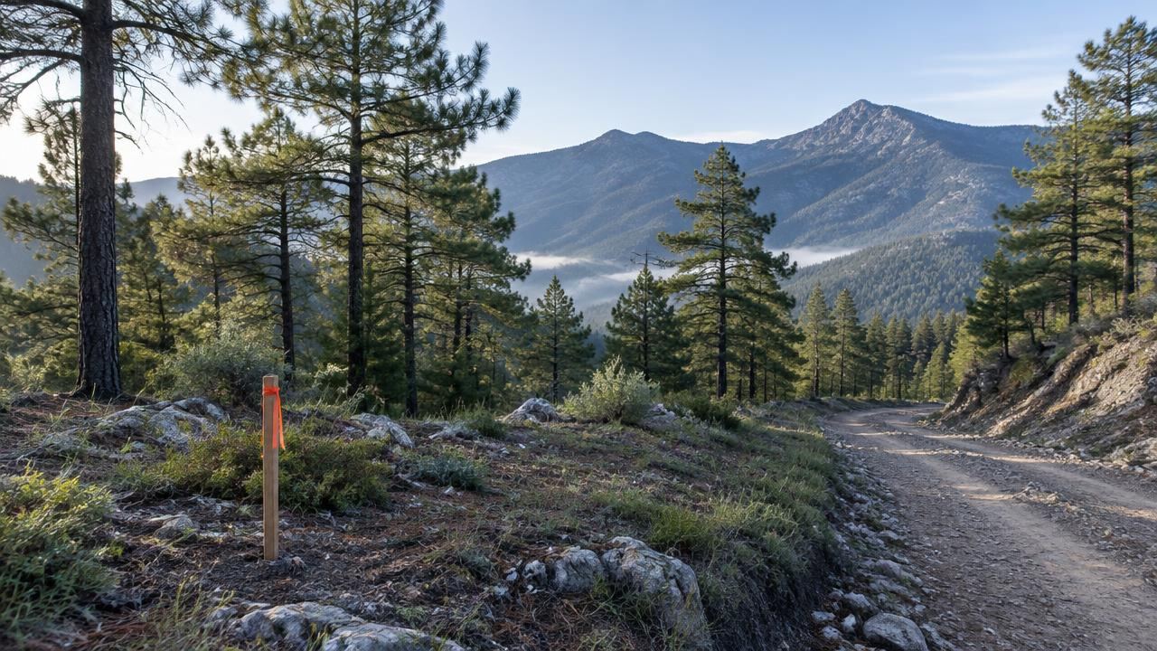Terreno boscoso con pinos y camino de terracería en la sierra de Arteaga