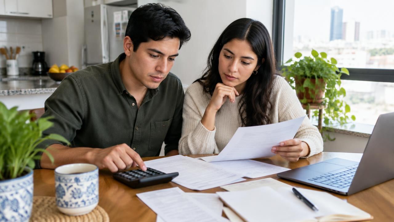 Pareja revisando documentos y una calculadora en la mesa de su cocina