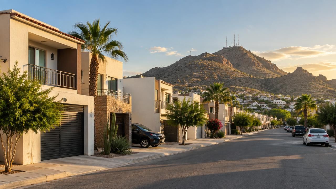 Calle residencial de Hermosillo con casas de dos pisos y cerro al fondo