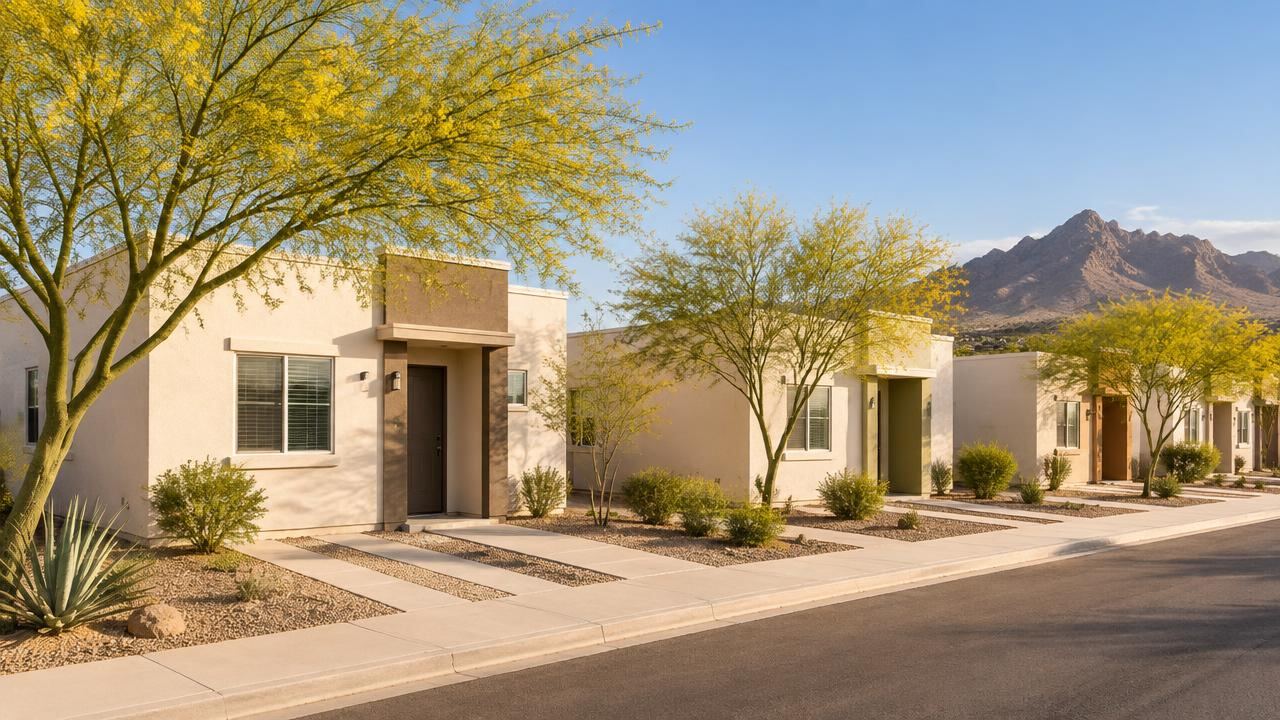 Casas nuevas de una planta con árboles de palo verde en una ciudad desértica