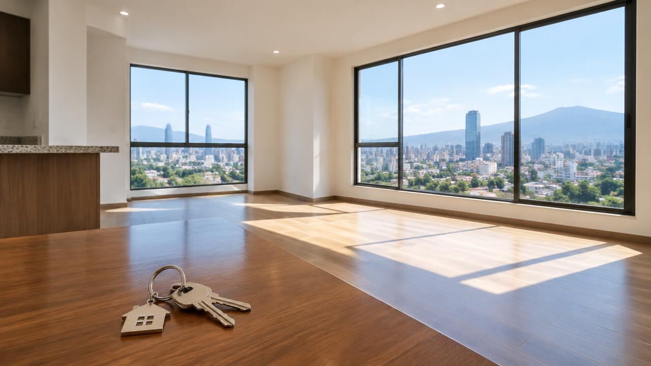 Departamento vacío y luminoso con llaves sobre la mesa y vista a la ciudad