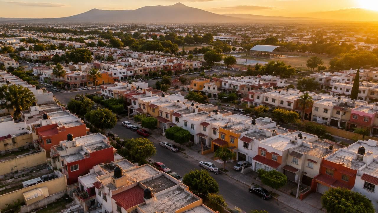 Vista aérea de un barrio residencial mexicano al atardecer