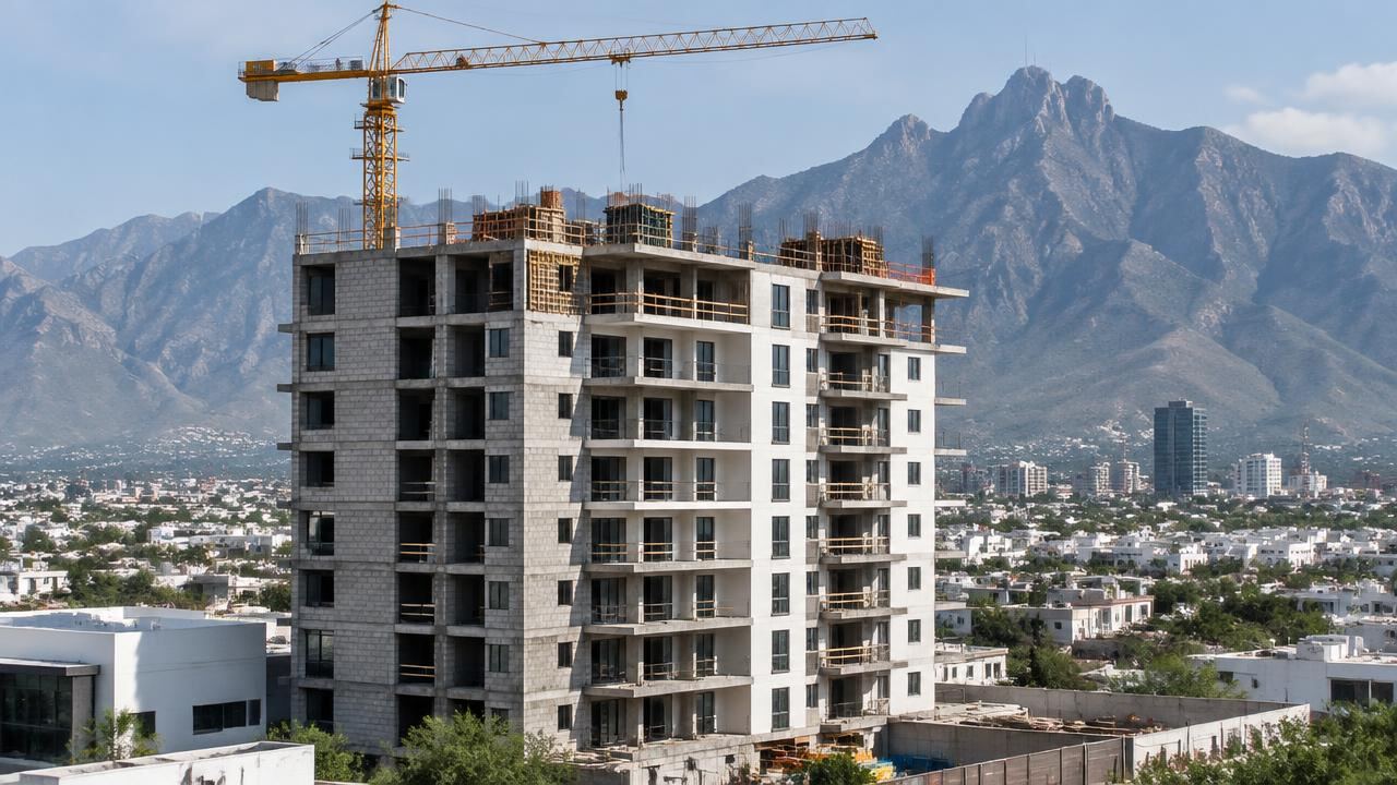 Torre de departamentos en construcción con grúa y sierra al fondo